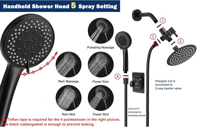 NearMoon Filtered Shower Head, High Pressure 8″Round Rain Shower and 5 settings Handheld Shower Filter Combo with Self-adhesive Holder/1.5M Hose -1 Replaceable Filter Cartridge (Matte Black)