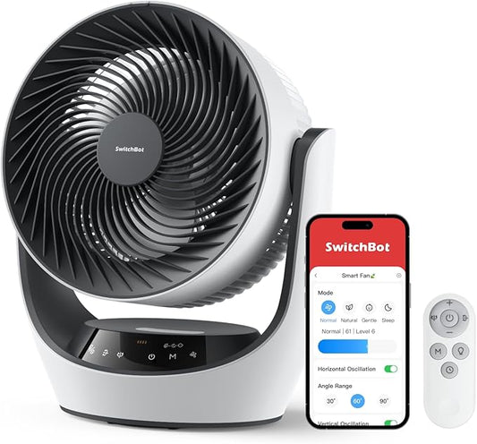 SwitchBot Smart Desk Fan for Bedroom, 22dB Ultra Quiet, 90° Oscillation, Battery Operated, 9 Speeds, 9H Timer, Alexa/Google/Siri Compatible (Hub Required), Portable Air Circulator for Indoor & Outdoor