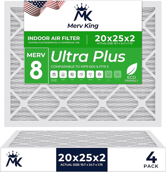 MervKing 20x25x2 Air Filter Actual Size: 19.7" x 24.7" x 1.75" MERV 8 MPR 600-700 | MADE IN USA | 4-Pack | Pleated HVAC AC Furnace Replacement