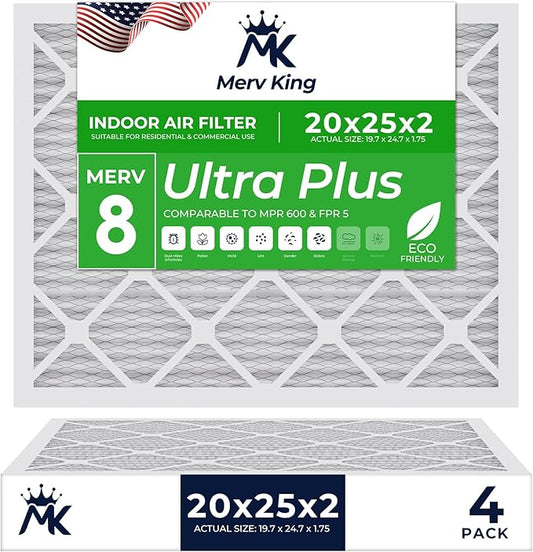 MervKing 20x25x2 Air Filter Actual Size: 19.7" x 24.7" x 1.75" MERV 8 MPR 600-700 | MADE IN USA | 4-Pack | Pleated HVAC AC Furnace Replacement