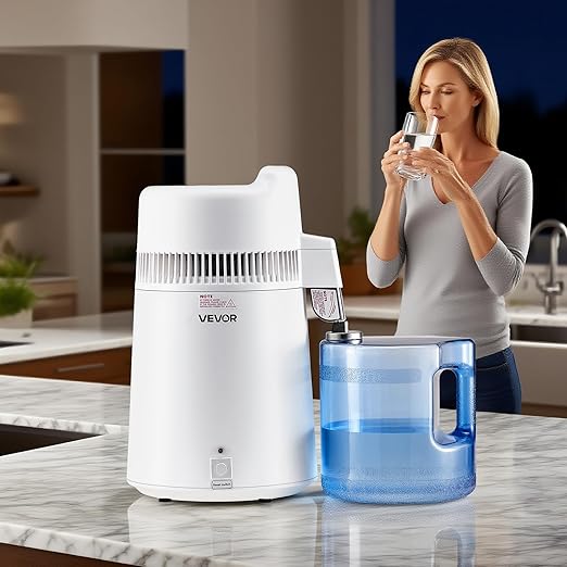 VEVOR Water Distiller, 6L 1.6 Gallon Larger Pure Water Purifier Filter for Home Table Countertop, 900W Plastic Distilled Maker, Stainless Steel Interior Drinking Machine to Make Clean Waters, White