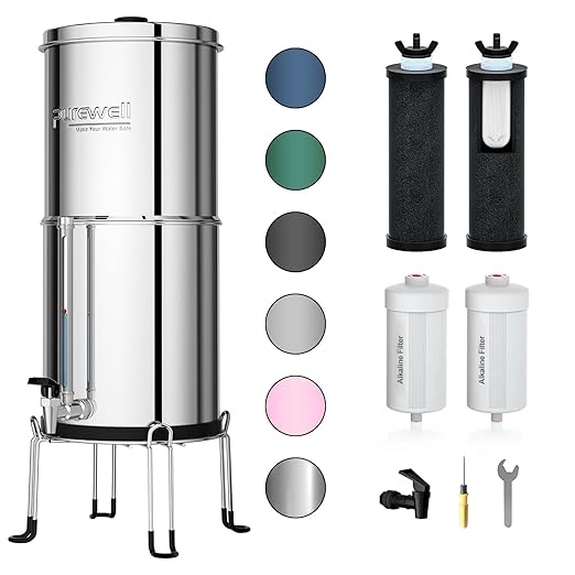 Purewell 6-Stage Alkaline Water Filter System, 0.01μm Ultra-Filtration Countertop System with 4 Filters, Metal Water Level Spigot and Stand, pH 8-9, 2.25G, PW-OB-PH