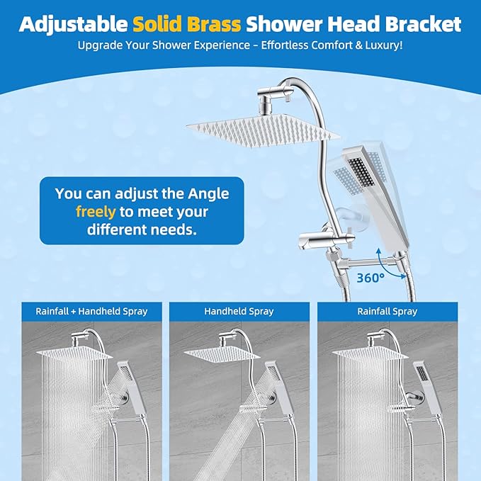 Hibbent All Metal Shower Head, 10'' High Pressure Rainfall Shower Head, Showerhead Combo, Handheld Shower Wand, 12'' Adjustable Curved Shower Extension Arm, 71'' Hose, Shower Head Holder, Chrome