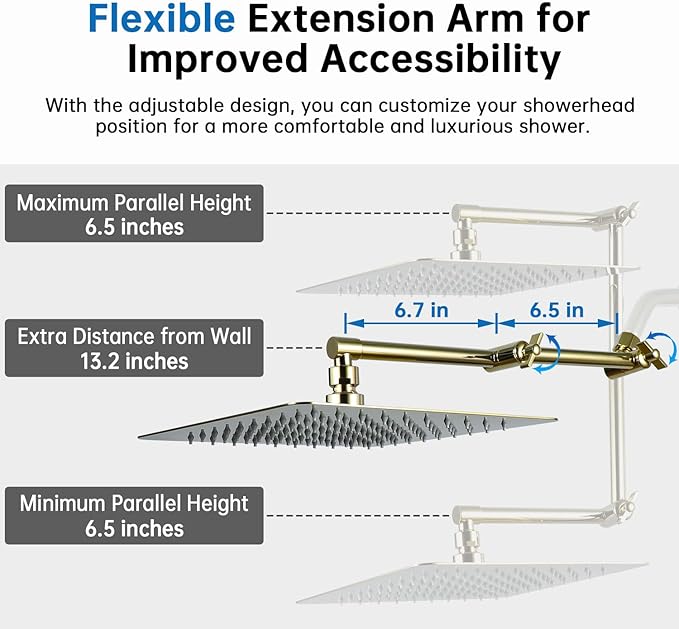 G-Promise All Metal 10 Inches Rainfall Shower Head with Handheld Spray Combo, 3 Settings Diverter, Adjustable Extension Arm with Lock Joints, 71 Inches Stainless Steel Hose (Polished Brass)