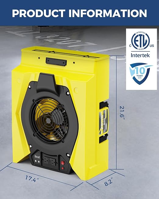 ALORAIR Zeus 900 Air Mover Commercial Blower for Carpets, Walls, Plumbing Use, Variable Speed Floor Blower Fan, 950 CFM with 1.8 Amps, Circuit Breaker Protection,on-Board Duplex GFCI, Yellow