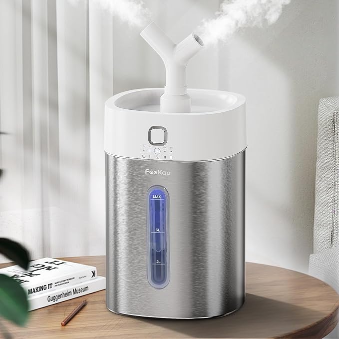 Feekaa Stainless Steel Humidifier Dishwasher Safe, 4L/1Gal Cool Mist Humidifiers for Bedroom, Easy Clean Humidifier Large Room, Humidifiers for Baby Nursery Living Room Office Plant, White