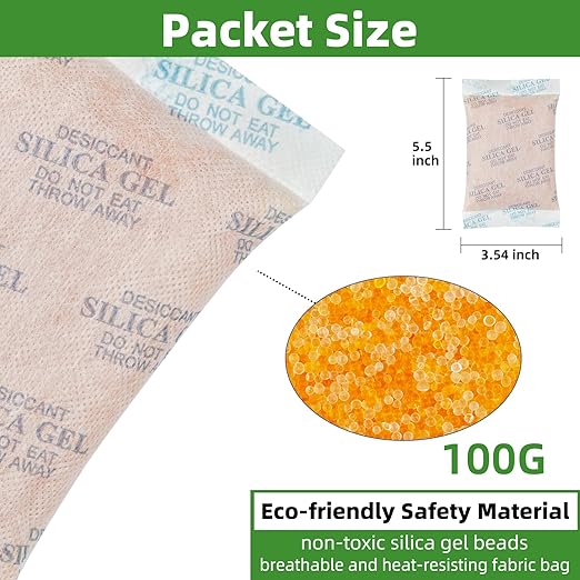 100 Gram (10 Packets) Silica Gel Packets, Desiccant Packs Silica Gel Desiccant Packets for Storage Rechargeable Moisture Absorbers Bags with Indicating Beads