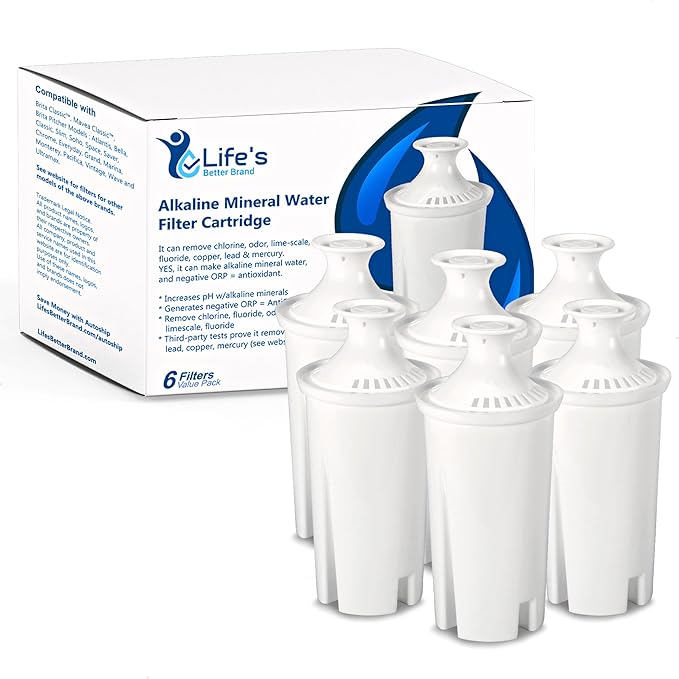 Life Ionizer - Alkaline Brita Pitcher Replacement Water Filter - Brita Pitchers Compatible Alkaline Water Pitcher Replacement Filter - Enhances Taste and pH Level of Brita Pitcher Water - Pack of 6