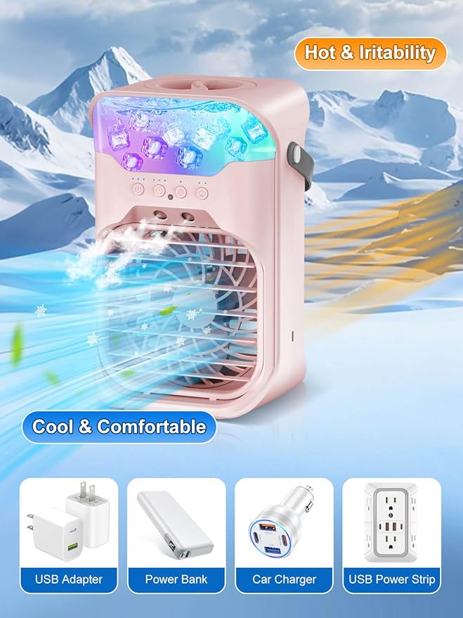 Portable Air Conditioner, 1500ML, Removable & Washable Fan Blades, Timer Function, 4 Speeds, 2 Cool Mists, 7-Color Light, Personal Evaporative Air Cooler for Home, Office, Bedroom, and Camping-Pink