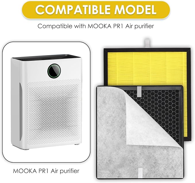 2+4 Pack PR1 Filter Pet Care Replacement Filter for Mooka PR1 Air Purifier, H13 True HEPA Filter, 3-in-1 Activated Carbon Filter for Home Large Room up to 2200sq.ft, with 4 Pieces Washable Pre-Filters