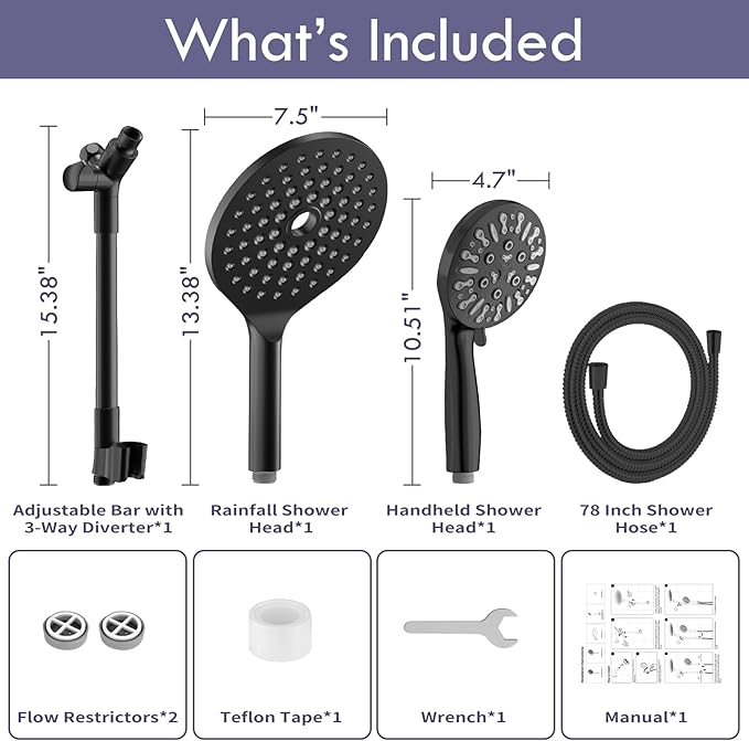 Dual Shower Heads with Handheld Spray, 7.5" Rainfall Shower Head with Handheld Combo, High Pressure Double Shower Heads with Handheld Spray, 9 Modes Hand Showerhead with 78" Hose (Matte Black)