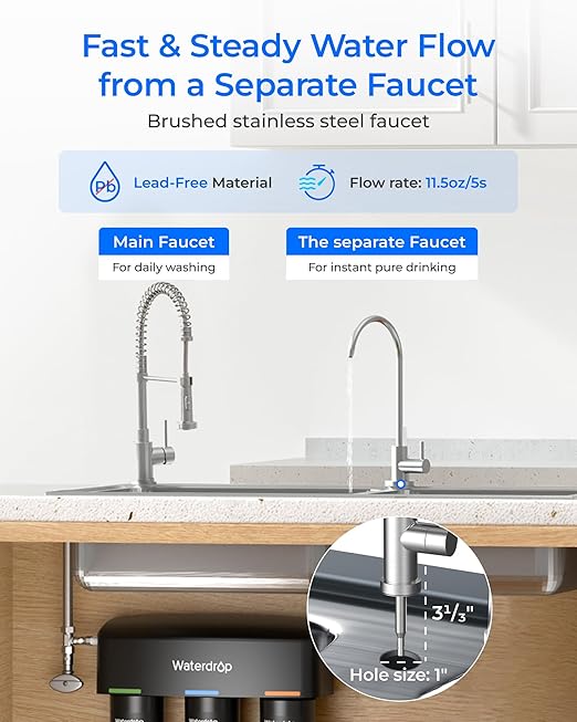 Waterdrop TSB-UF 0.01 μm Ultra Filtration Under Sink Water Filter System, 9 Layer Under Sink Water Filtration System, Reduces Chlorine, Fluoride, Taste and Odor, with A Separate Faucet, Quick Change