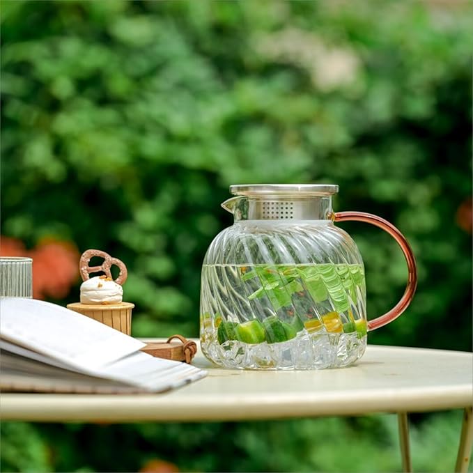 Glass Pitcher with Lid,47 oz/1400 ml, Hand Blown Glass Water Pitcher for Drinks,Iced Tea, Juice, Coffee, Milk, Hot Water and Tea, Heat Resistant