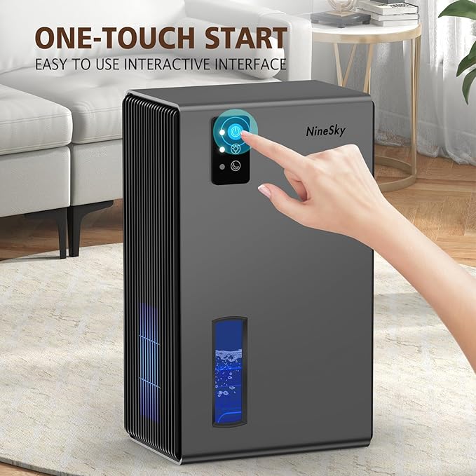 NineSky Dehumidifier for Home, 95 OZ Water Tank, (1000 sq.ft) Dehumidifiers for Bathroom Bedroom Basement with Auto Shut Off,7 Colors LED Light (Gray)