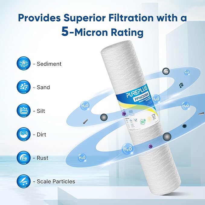 PUREPLUS 5 Micron 4.5" x 20" Whole House String Wound Sediment Filter for Well Water, Replacement Cartridge for Pentair Pentek WP5BB20P/WP25BB20P, Hydronix SWC-45-2005, SpiroPure SP-WP5-20BB, 4Pack
