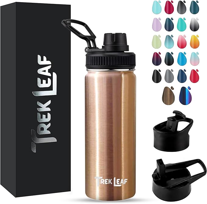 Travel Water Bottle with 3 Lids (Spout, Straw, Flip) Leak Proof, Quality, Vacuum Insulated, Stainless Steel (Rose Gold, 18 oz)