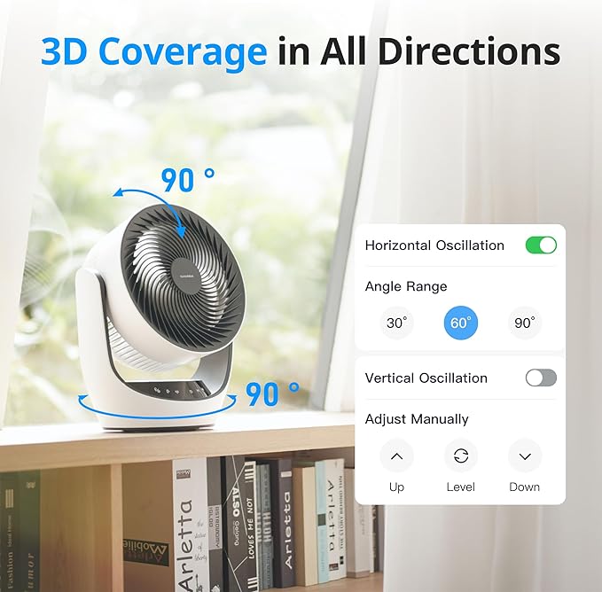 SwitchBot Smart Desk Fan for Bedroom, 22dB Ultra Quiet, 90° Oscillation, Battery Operated, 9 Speeds, 9H Timer, Alexa/Google/Siri Compatible (Hub Required), Portable Air Circulator for Indoor & Outdoor