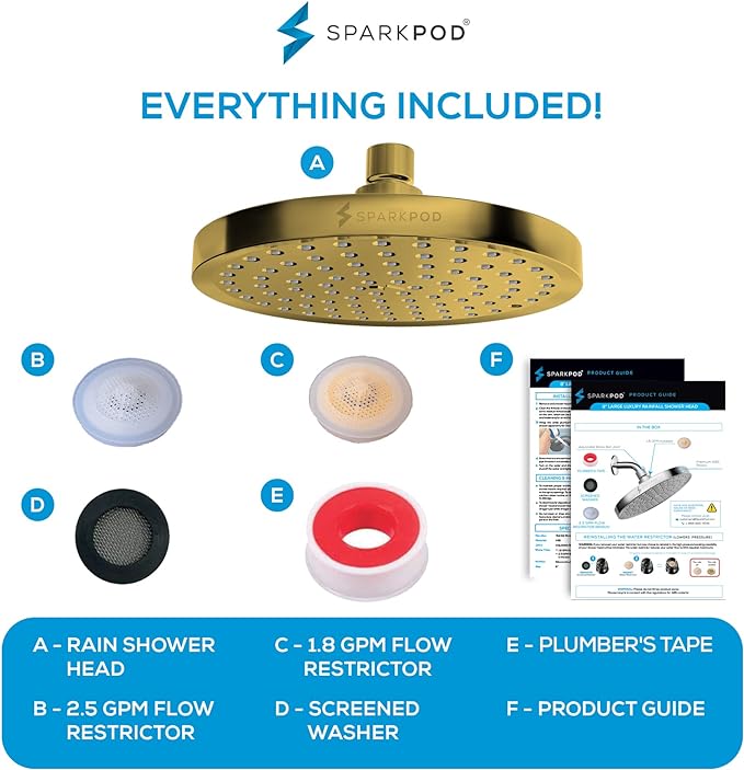 SparkPod Shower Head - High Pressure Rain - Premium Quality Luxury Design - 1-Min Install - Easy Clean Adjustable Replacement for Your Bathroom Shower Heads (Egyptian Gold, 8 Inch Round)