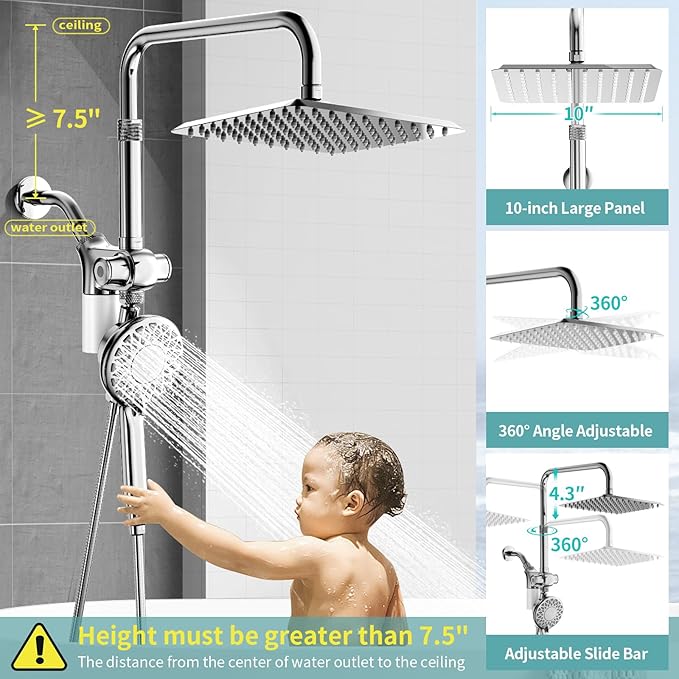 10" Rainfall Shower Heads with Handheld Spray Combo High Pressure, Magnetix Shower Head with Filters for Hard Water, 2 in 1 Dual Shower Head with Handheld and Adjustable Slide Bar (Chrome)