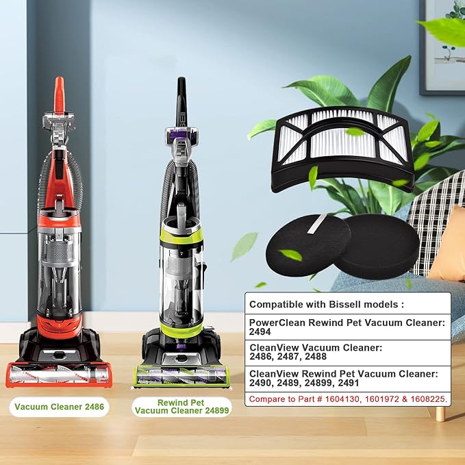 Filter Replacement for Bissell CleanView 2492 2488 2486 2494 2487 2492 2491 2484 PowerClean Rewind Pet Vacuum, 4 Foam + Felt + 2 HEPA Filters, Part 1604130 & 1601972 & 1608225