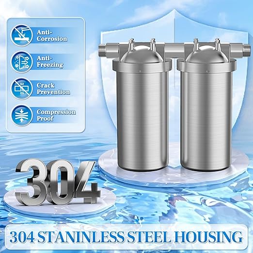 Whole House Water Filter, Stainless Steel Filter Housing, 2-Stage 10"x4.5" Sediment Carbon Filter Pre-Filtration System for Well or City Water, 1" or 3/4" NPT Port, 2 Filters