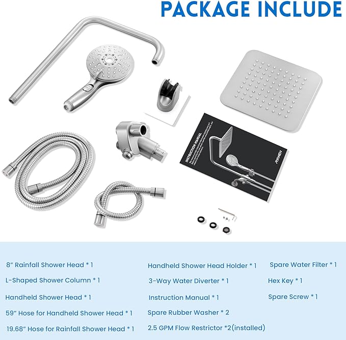 8" Dual Shower Head Combo, High Pressure Rainfall Shower Head with Handheld, 6 Spray Settings Angle Adjustable Handheld Shower Head with Pause, Height Adjustable, Chrome Silver