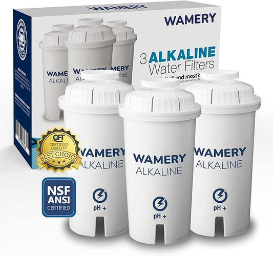 Wamery Alkaline Pitcher Water Filter Replacement for Brita Pitchers - 3 Pack, Improves pH & Taste, 42‑Gallon Each, Coconut Activated Carbon, Leak‑Free Fit, Easy Install