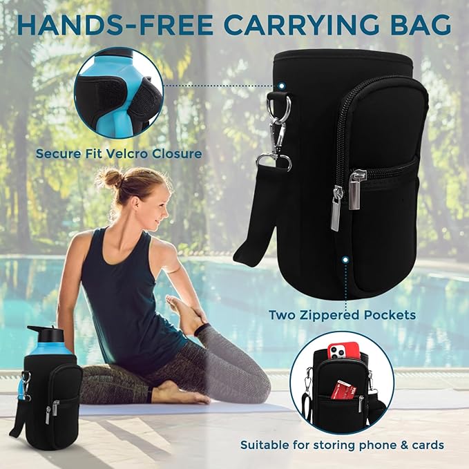 Travel Water Bottle with Carrying Bag, 3 Lids (Spout, Straw, Handle), and Bottle Brush; Leak Proof, Quality, Vacuum Insulated, Stainless Steel (Black, 64 oz)