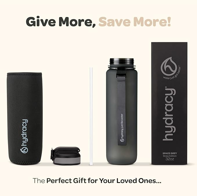 Hydracy Water Bottle with Time Marker -Large BPA Free Water Bottle & No Sweat Sleeve -Leak Proof Gym Bottle with Fruit Infuser Strainer & Times to Drink -Ideal for Fitness Sports & Outdoors