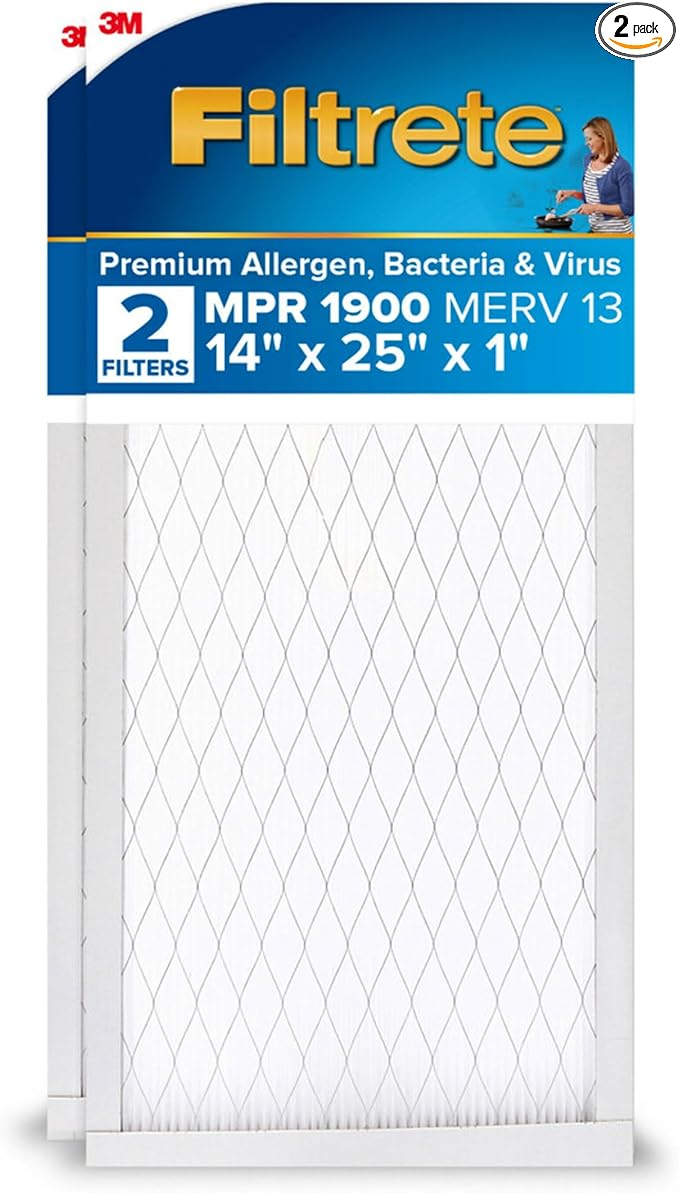 Filtrete 14x25x1 AC Furnace Air Filter, MERV 13, MPR 1900, Premium Allergen, Bacteria & Virus Filter, 3-Month Pleated 1-Inch Electrostatic Air Cleaning Filter, 2-Pack (Actual Size 13.81x24.81x0.78 in)
