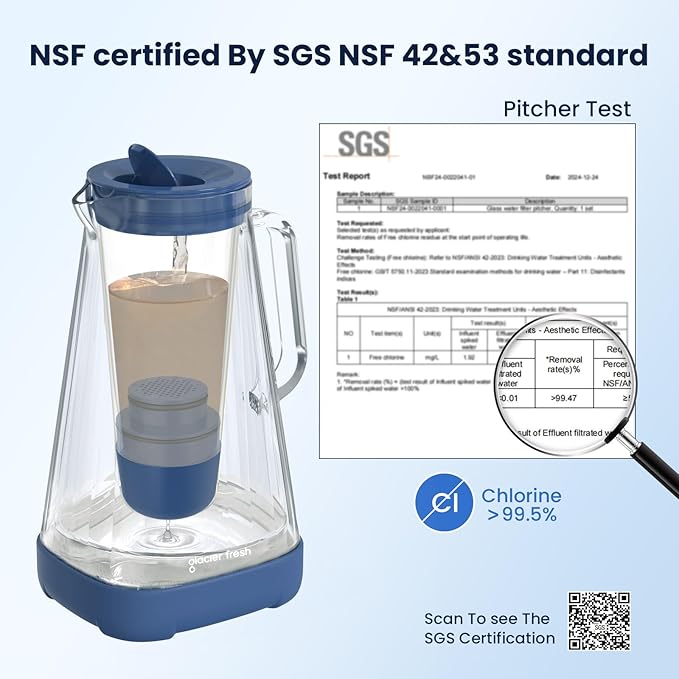 GLACIER FRESH 10 Cup Glass Water Pitcher with 1 Filter of 3X Flow Rate, Purela Glass Pitcher with 5-Stage Filtration Technology, Reduces 99% Chlorine and Improve Taste, Bpa Free, Blue