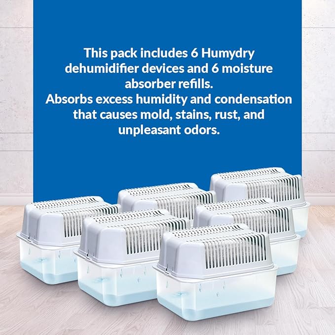 HUMYDRY® - Pack of 6 Dehumidifier Devices with 6 Moisture Absorber Refills - 35.3 oz - Large Size - Fragrance Free - Ideal for Spaces Up to 400 sq.FT