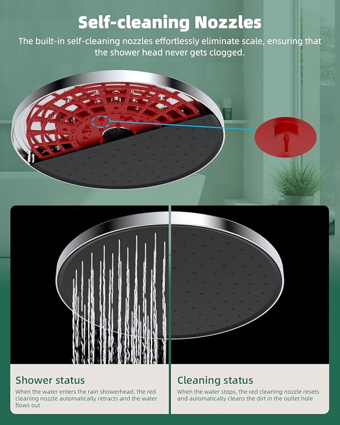 Hibbent 10'' Self-cleaning Rainfall Shower Head, High Pressure Handheld Shower Head, Showerhead Combo with 12'' Adjustable Curved Shower Extension Arm, 7-Spray, 71'' Hose, Showerhead Holder, Chrome