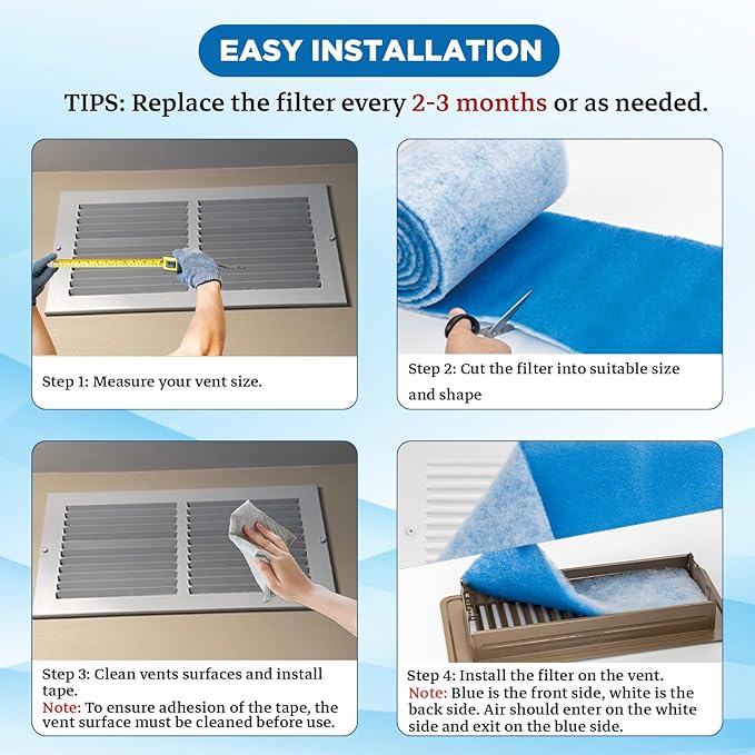 Air Vent Filters Roll, 140" x 12" Cut to Fit (60+ Filters), MERV 8 Triple Vent Filter Kit for HVAC Furnace Vents, Home Floor, Ceiling, Grilles