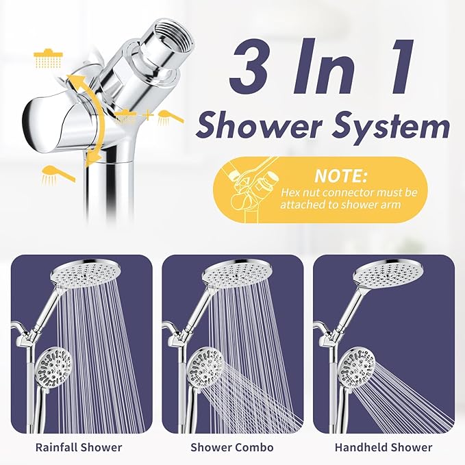 Modern Dual Shower Head with Handheld Spray, 7.5" Rainfall Shower Head, 9 Modes Hand Showerhead, 78" Hose, Chrome
