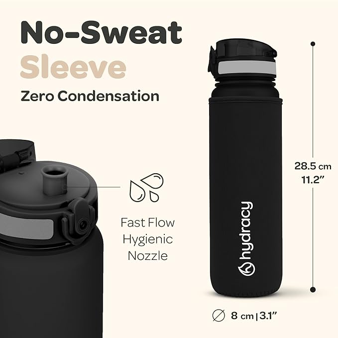 Hydracy Water Bottle with Time Marker -Large BPA Free Water Bottle & No Sweat Sleeve -Leak Proof Gym Bottle with Fruit Infuser Strainer & Times to Drink -Ideal for Fitness Sports & Outdoors