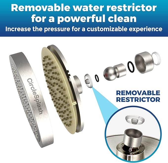 High Pressure Shower Head - Anti-Clogging Silicone Nozzles - 2.5 GPM Removable Restrictor - Easy to Clean Adjustable Replacement - easy to install with Plumbers Tape - 6 inch - Brushed Nickel Finish
