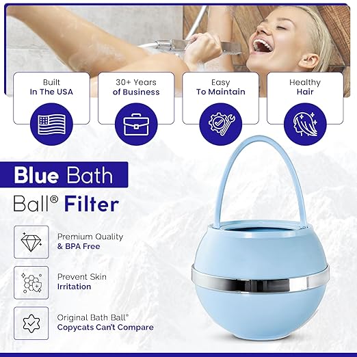 Crystal Quest Bath Ball Water Filter for Bathtub - 3-Stage Filtration, Removes Chlorine, Chloramine & Byproducts, 2,500 Gallons, BPA Free, pH Balanced Water, Fits Most Tubs, Easy Install - Blue