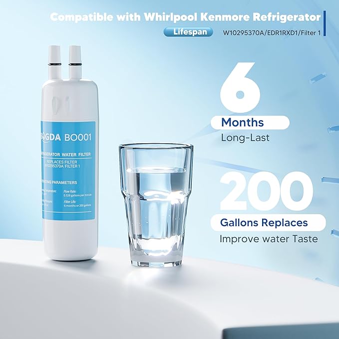 BOGDA W10295370A Water Filter Replacement Compatible with Whirlpool, Kenmore, and Maytag Replaces EDR1RXD1, WHR1RXD1, Filter 1, KAD1RXD1, P8RFWB2L, P8WB2L, P4RFWB, P5WB2L, 46-9081, 9930, 3 Packs