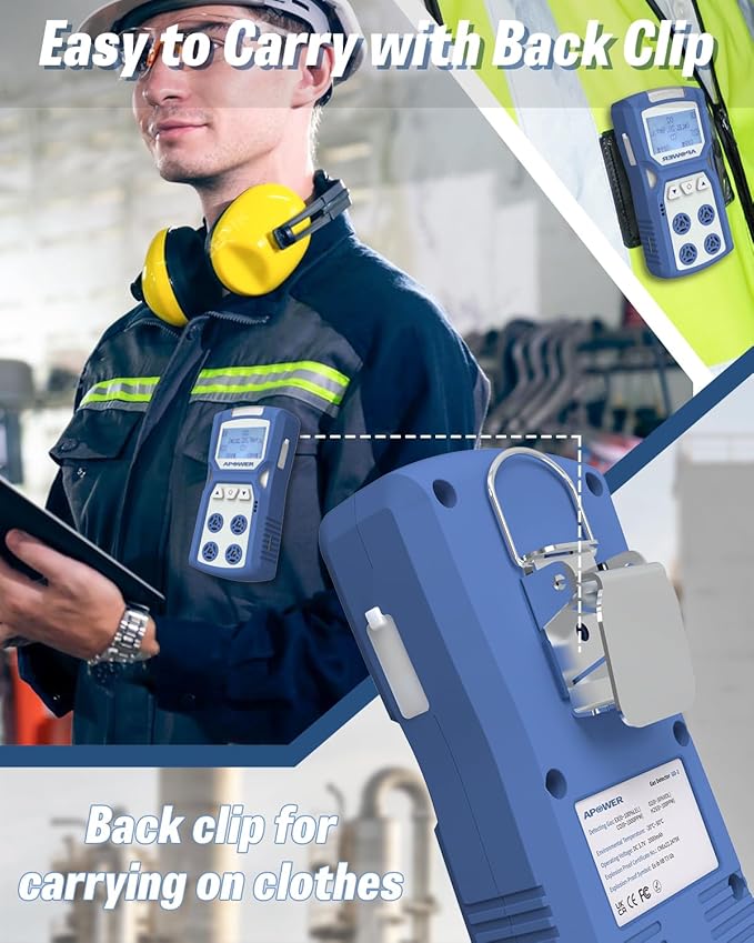 Gas Detector, 4 Gas Monitor for H2S, CO, LEL and O2, Portable Multi Gas Leak Detector with Vibration, Visual and Audible Alarms, 14h Long Battery Life, Natural Propane Sniffer Home Room Travel