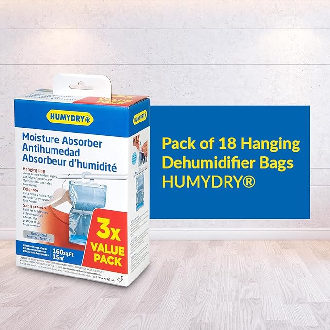HUMYDRY® - 18 Pack of Hanging Dehumidifier Bags - Moisture Absorbers - 15.9 oz - 6 boxes, each with 3 bags - Prevents moisture - Unscented - For spaces up to 200 sq. ft.
