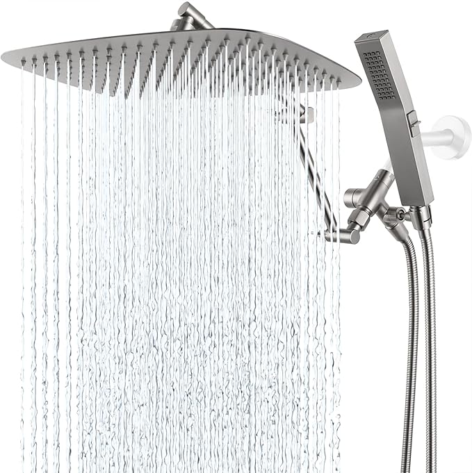 G-Promise All Metal 14 Inches Rainfall Shower Head with Handheld Spray Combo, 3 Settings Diverter, Adjustable Extension Arm with Lock Joints, 71 Inches Stainless Steel Hose (Brushed Nickel)