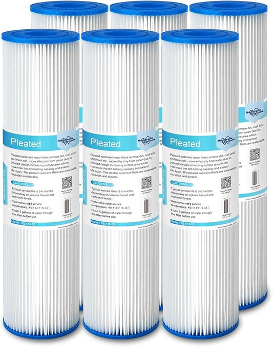 Membrane Solutions 50 Micron Pleated Polyester Sediment Water Filter 10"x2.5" Replacement Cartridge Universal Whole House Pre-Filter Compatible with W50PE, WFPFC3002, SPC-25-1050, FM-50-975 - 6 Pack