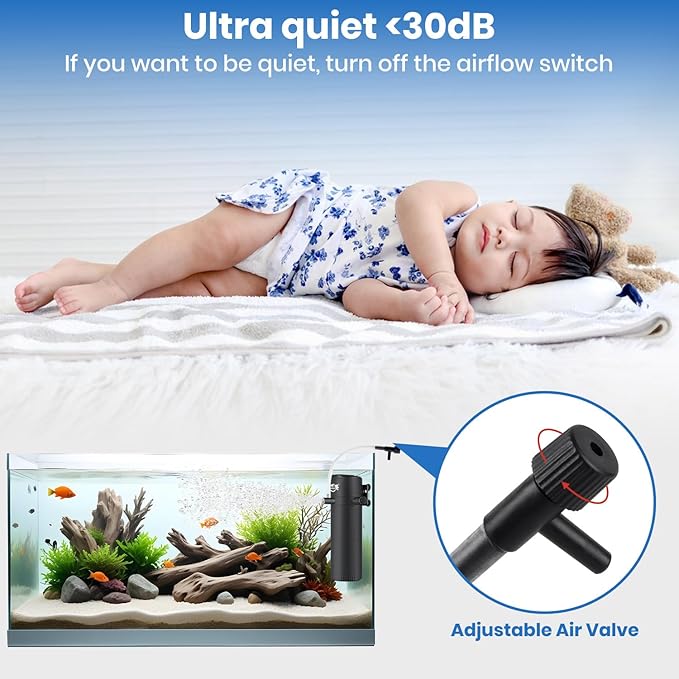 Aquarium Filter for 40-120 Gallon Tank, Fish Tank Filter with Wave-Maker Oxygenation Circulation, Adjustable Air Flow Filter for Freshwater & Saltwater, 4 in 1 Submersible Filter (12W)