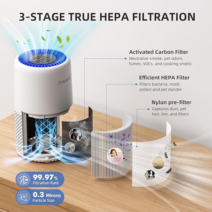 Air Purifier for Home Bedroom, AromaRoom H13 HEPA Air Filter For Smoke Pollen Dander Hair Smell Air Cleaner, 3-in-1 Filter with Sleep Mode, Quiet Air Cleaner For Pets, Home, Baby Room (White, AP103)