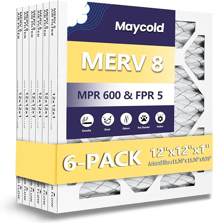 Maycold MERV 8 12x12x1 Furnace Air Filters (6-Pack), Pleated HVAC AC Filters – Actual Size 11.70” x 11.70” x 0.75”, For Residential or Office Use, Individually Wrapped in Plastic