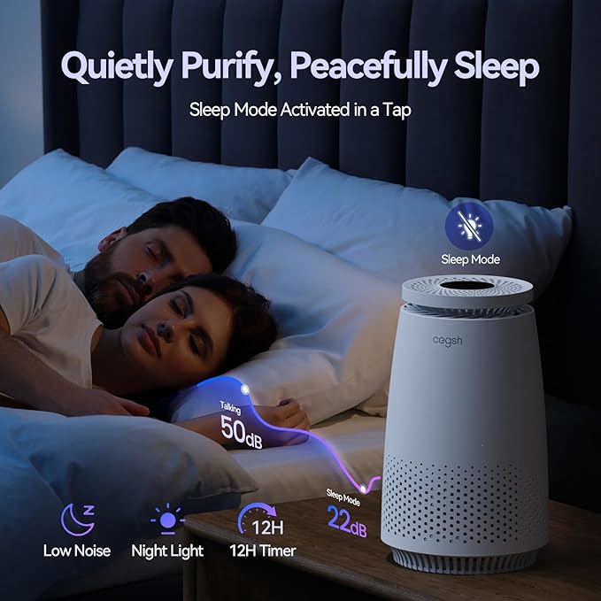 Air Purifiers for Home Bedroom, 3-in-1 HEPA Filter for Pets Dander Dust Pollen Smoke Odors, Quiet Air Cleaner with Sleep Mode, 12H Timer, Night Light, Aromatherapy, Safety Lock, White