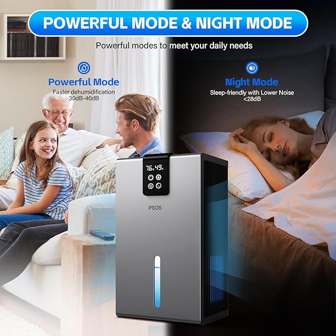 Dehumidifier, Dehumidifiers for Home, 98 OZ Water Tank, (1000 sq.ft) Quiet Dehumidifier for Basement Bedroom Bathroom with Humidity Display, Auto Shut Off, Relaxing 7 Color Ambient Light(Gray)