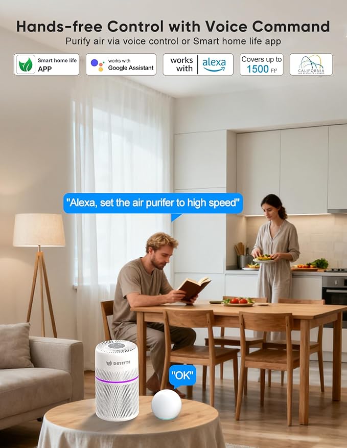 Air Purifiers for Bedroom with 7 Color Light, DAYETTE Smart Wifi H13 Air Purifier for Home Large Room Up to 1500 Ft², APP Control & 20 dB Sleep Mode for Dust Pollen Dander Smoke