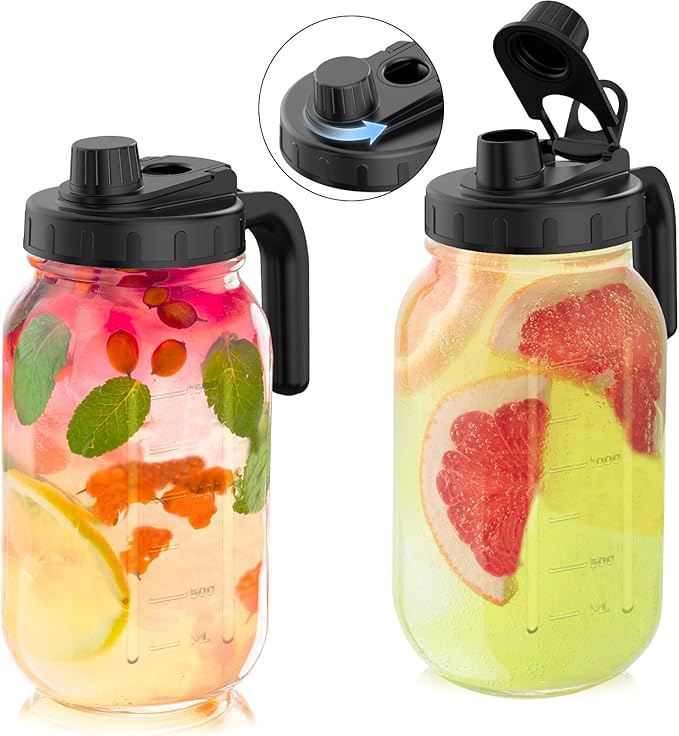 2 Pack 64oz Glass Mason Jar Pitchers with Wide Mouth & Measurement Marks – Leak-Proof Twist Lids for Cold Brew, Iced Tea, Juice, Lemonade